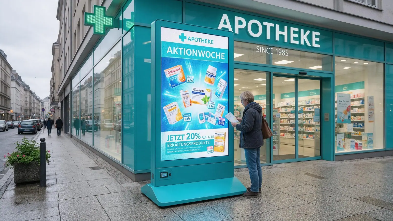 Digitaler Aufsteller vor einer Apotheke zeigt eine Aktionswoche