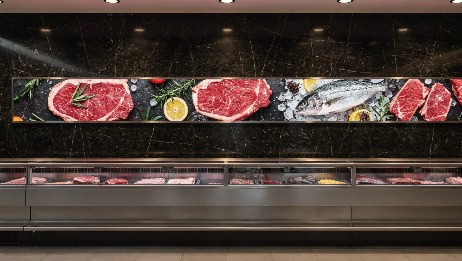 Visualisierung: schmales LED-Banner mit Steaks und Fisch auf dunklem Marmor über der langen Frischetheke einer Metzgerei