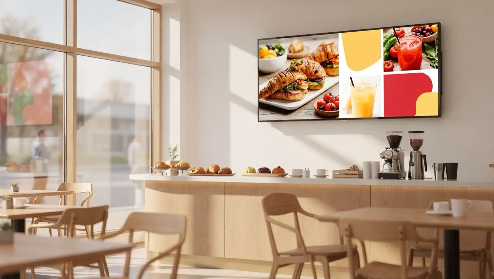 Visualisierung: helles Café mit LED-Display an der Wand über der Theke, das Frühstück und Getränke als Angebot zeigt
