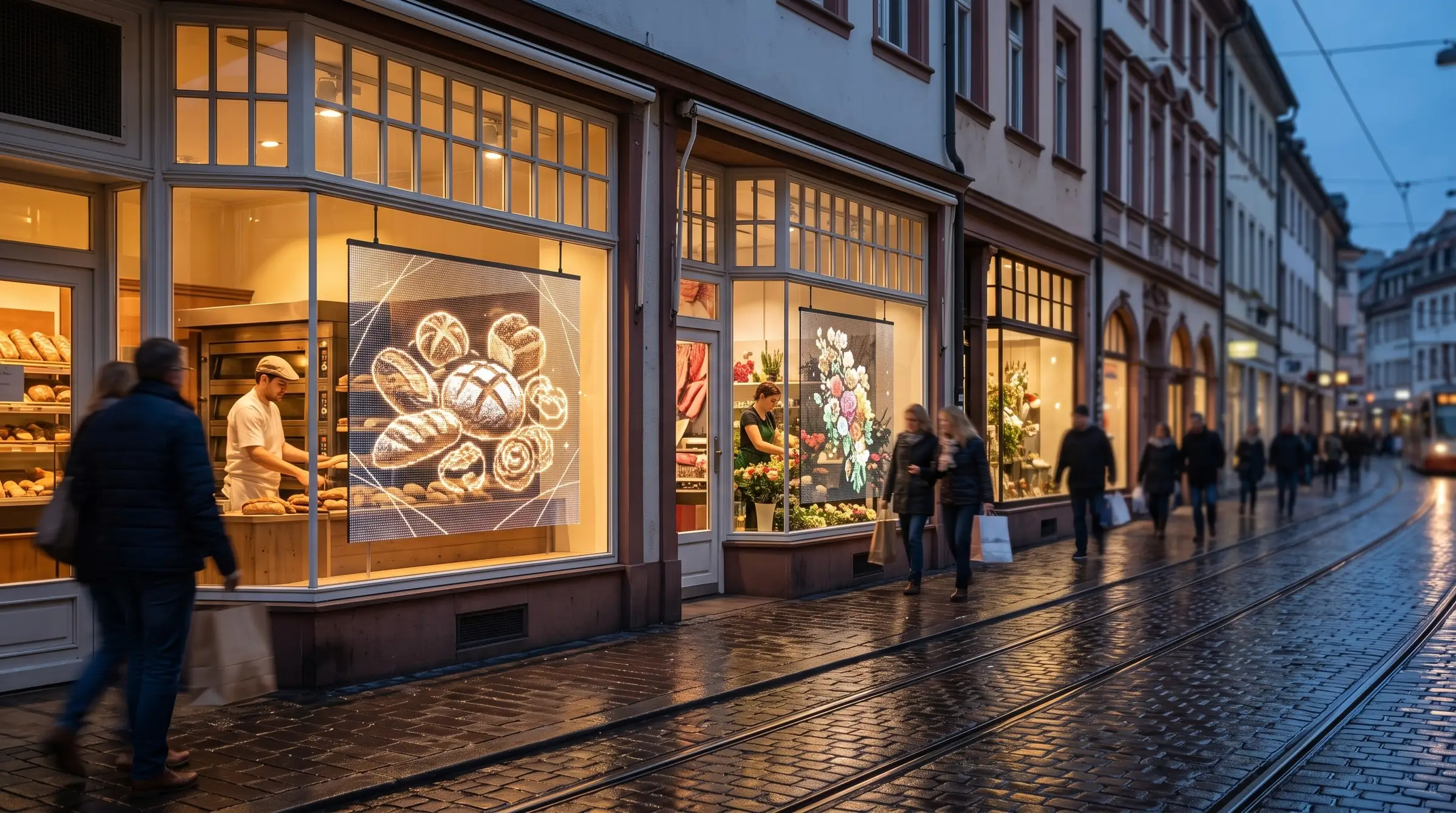 Visualisierung: Einkaufsstraße am Abend, in den Schaufenstern von Bäckerei und Blumenladen leuchten transparente LED-Displays