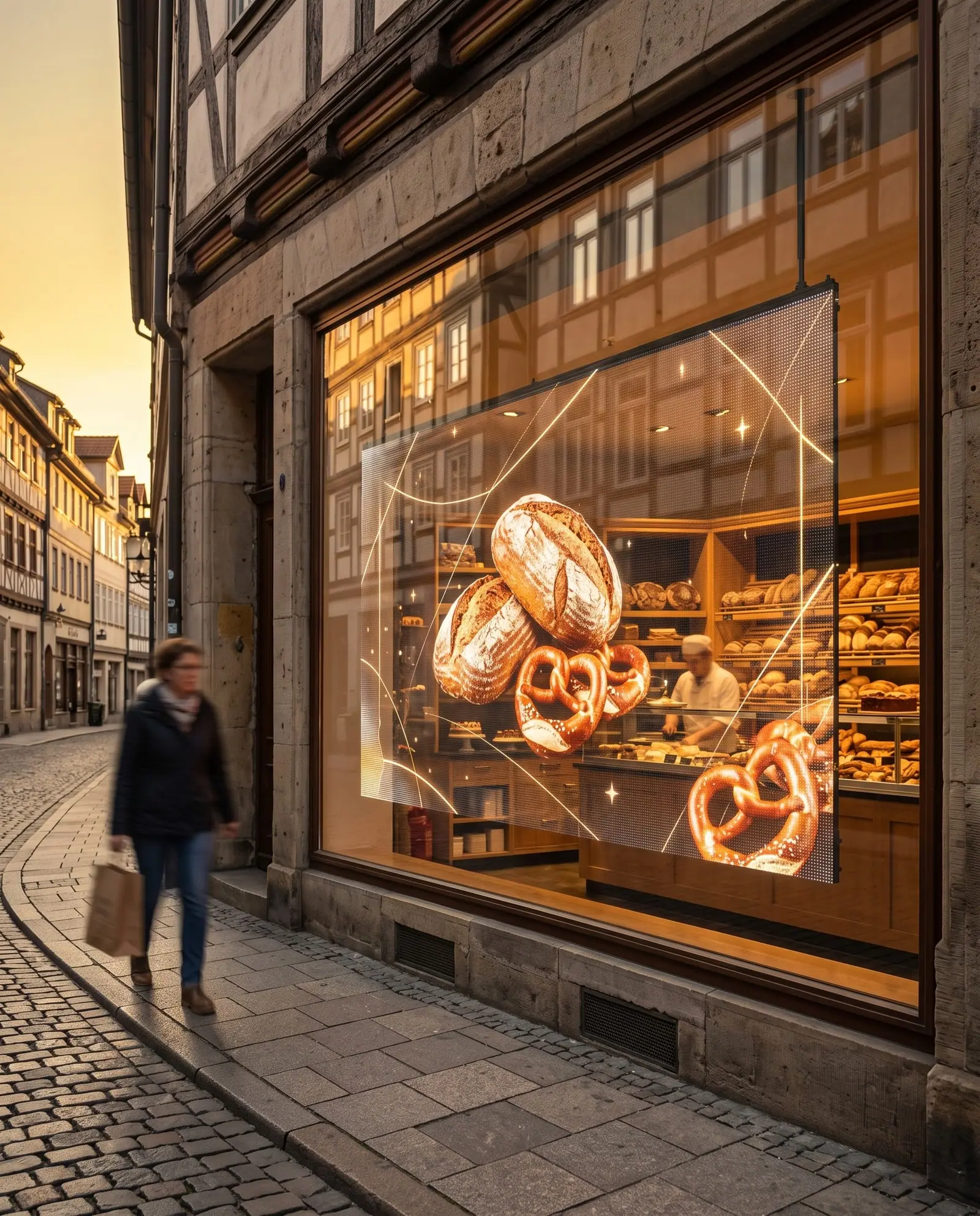 Bäckerei-Schaufenster mit transparentem LED-Display, Brot und Brezeln als Motiv