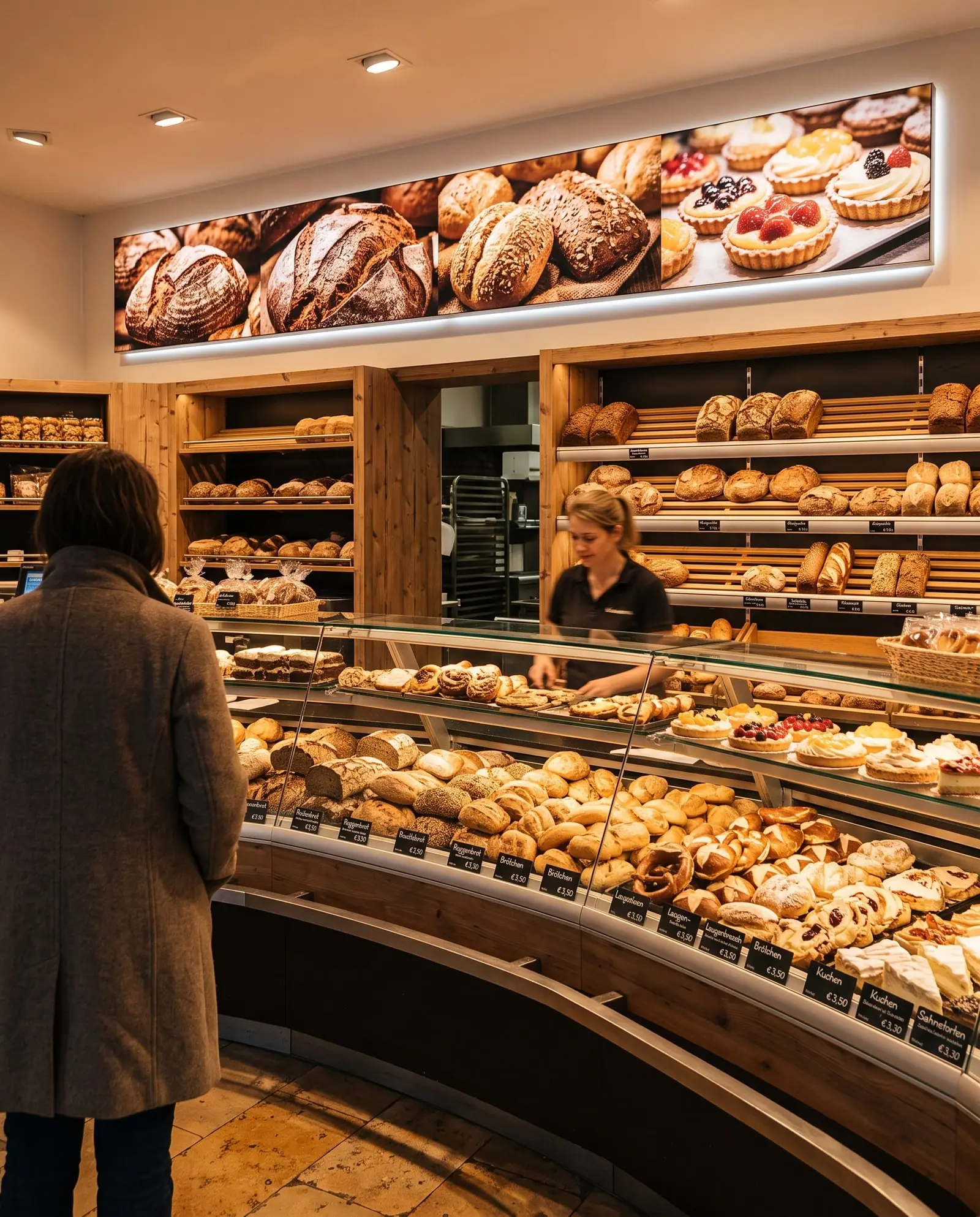 LED-Banner über der Theke einer Bäckerei