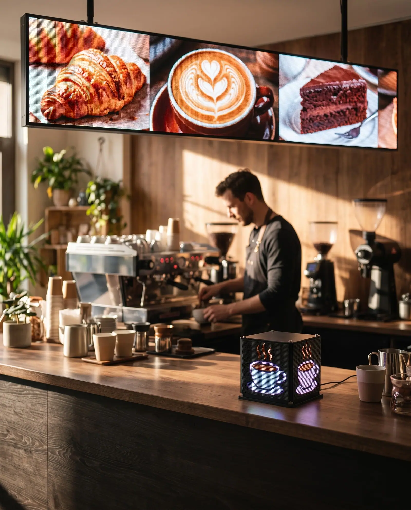 LED-Menüboard über der Theke eines Cafés, dazu ein LED-Würfel auf dem Tresen