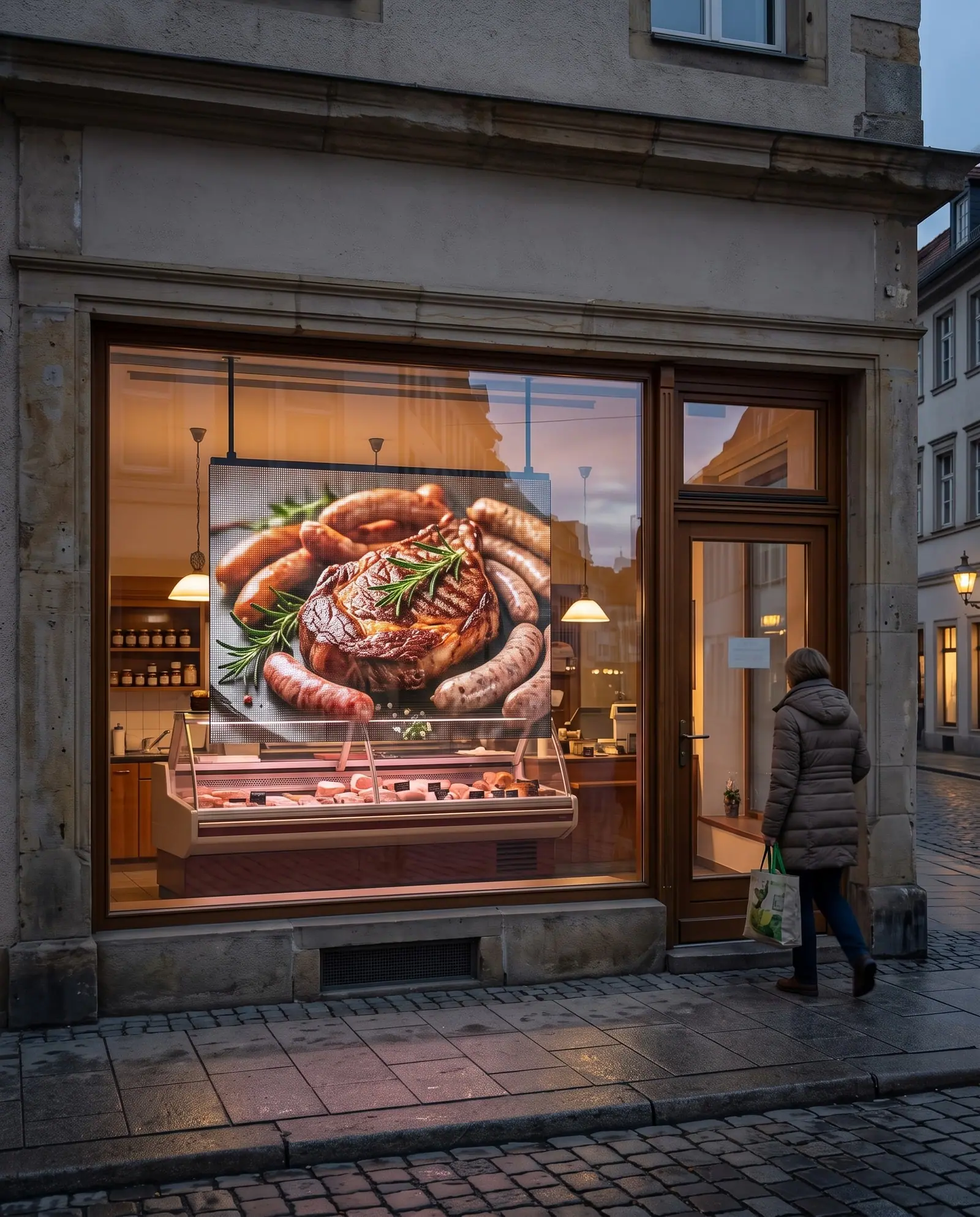 Metzgerei-Schaufenster am Abend mit transparentem LED-Display, das Steak und Würste zeigt – die Theke bleibt sichtbar
