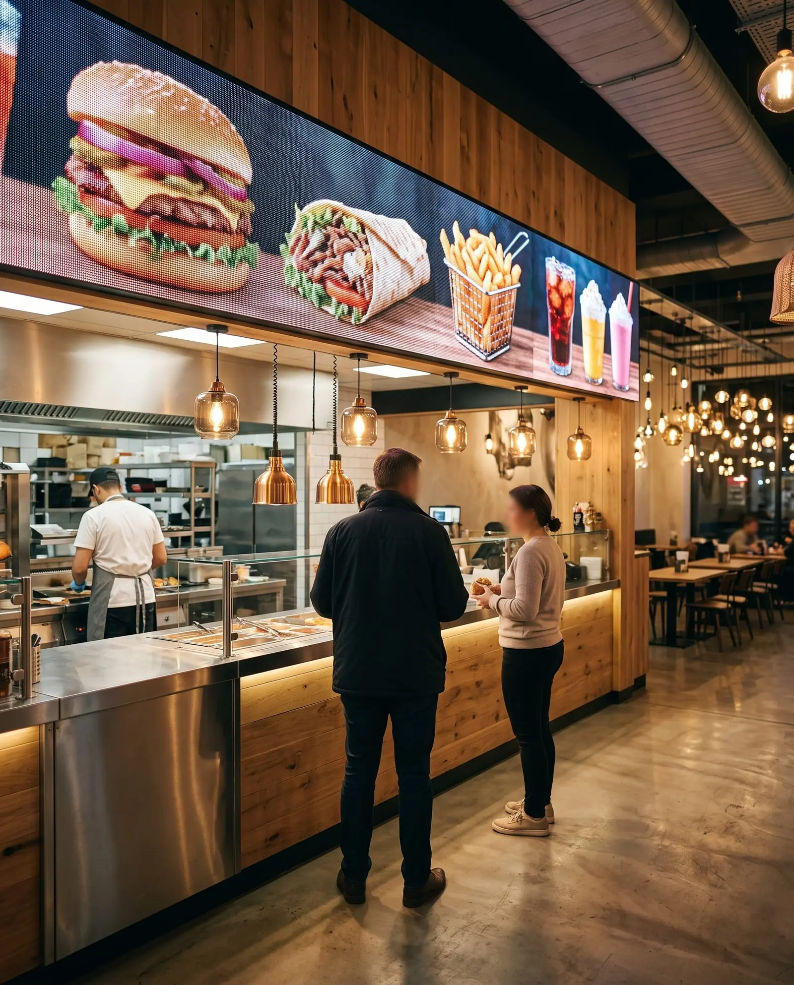LED-Menüboard über dem Tresen eines Restaurants
