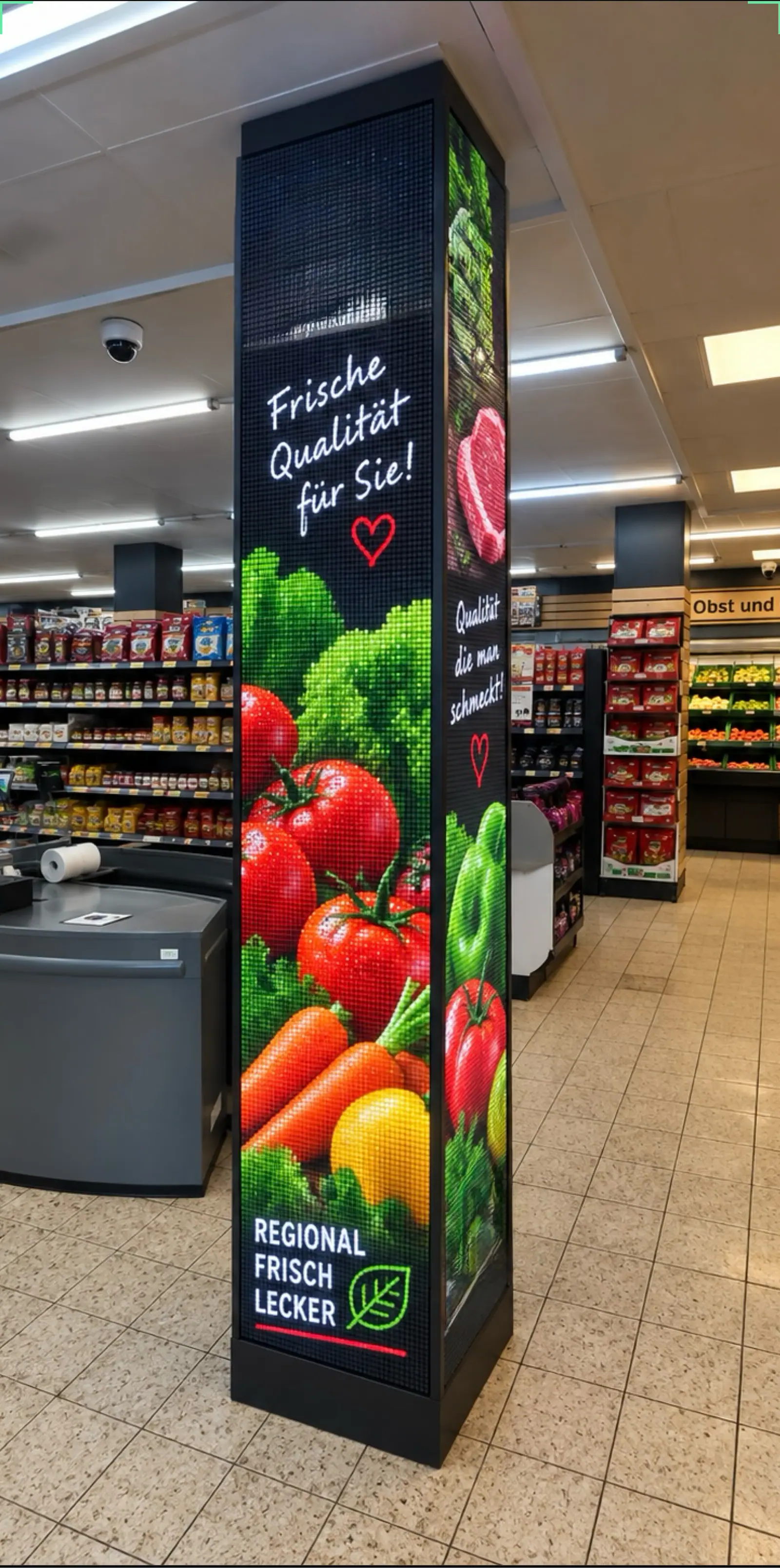 LED-Säule im Supermarkt mit Obst- und Gemüsemotiven neben der Kasse