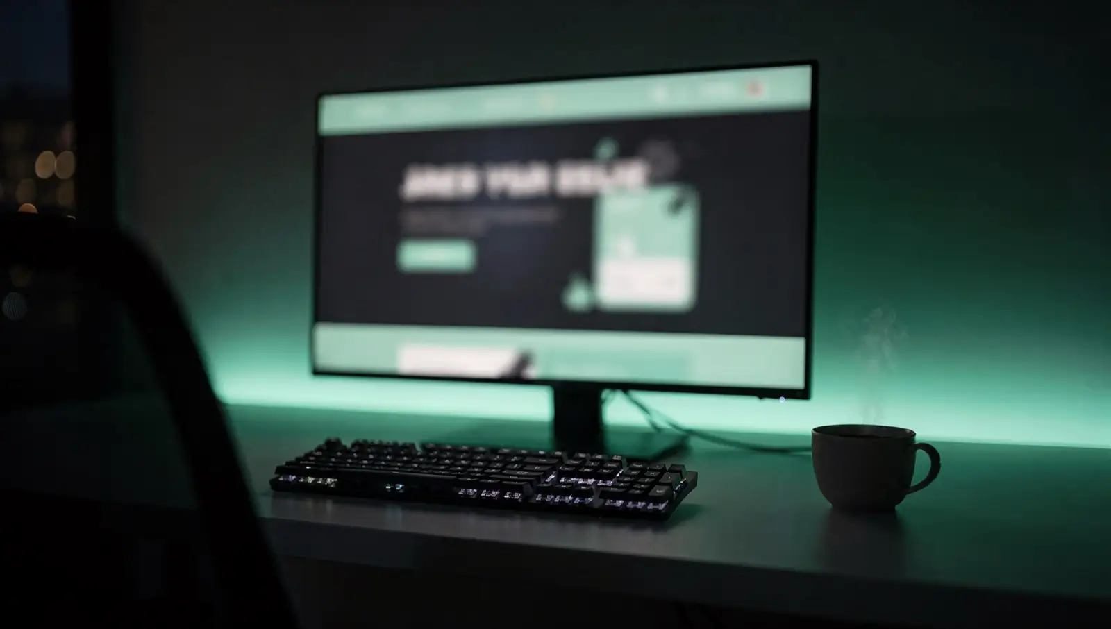 Visualisierung: Webdesign-Arbeitsplatz mit Monitor, der einen dunklen Website-Entwurf zeigt, davor Tastatur und Kaffeetasse