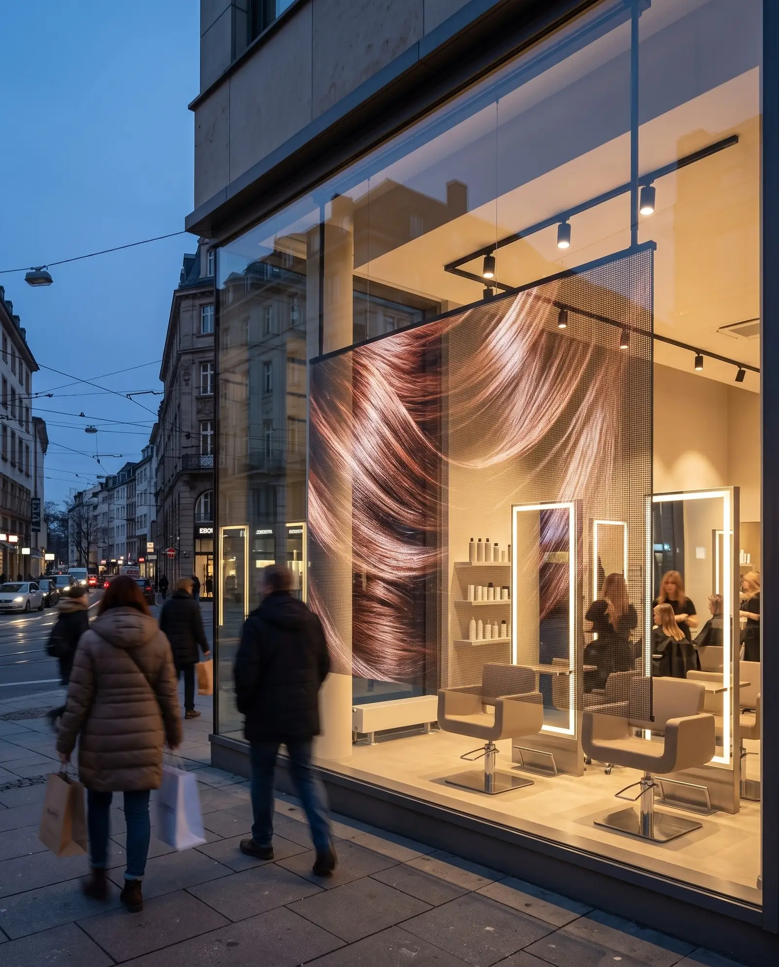 Visualisierung: Friseursalon an einer Stadtstraße am Abend, im Schaufenster zeigt ein transparentes LED-Display wehendes Haar